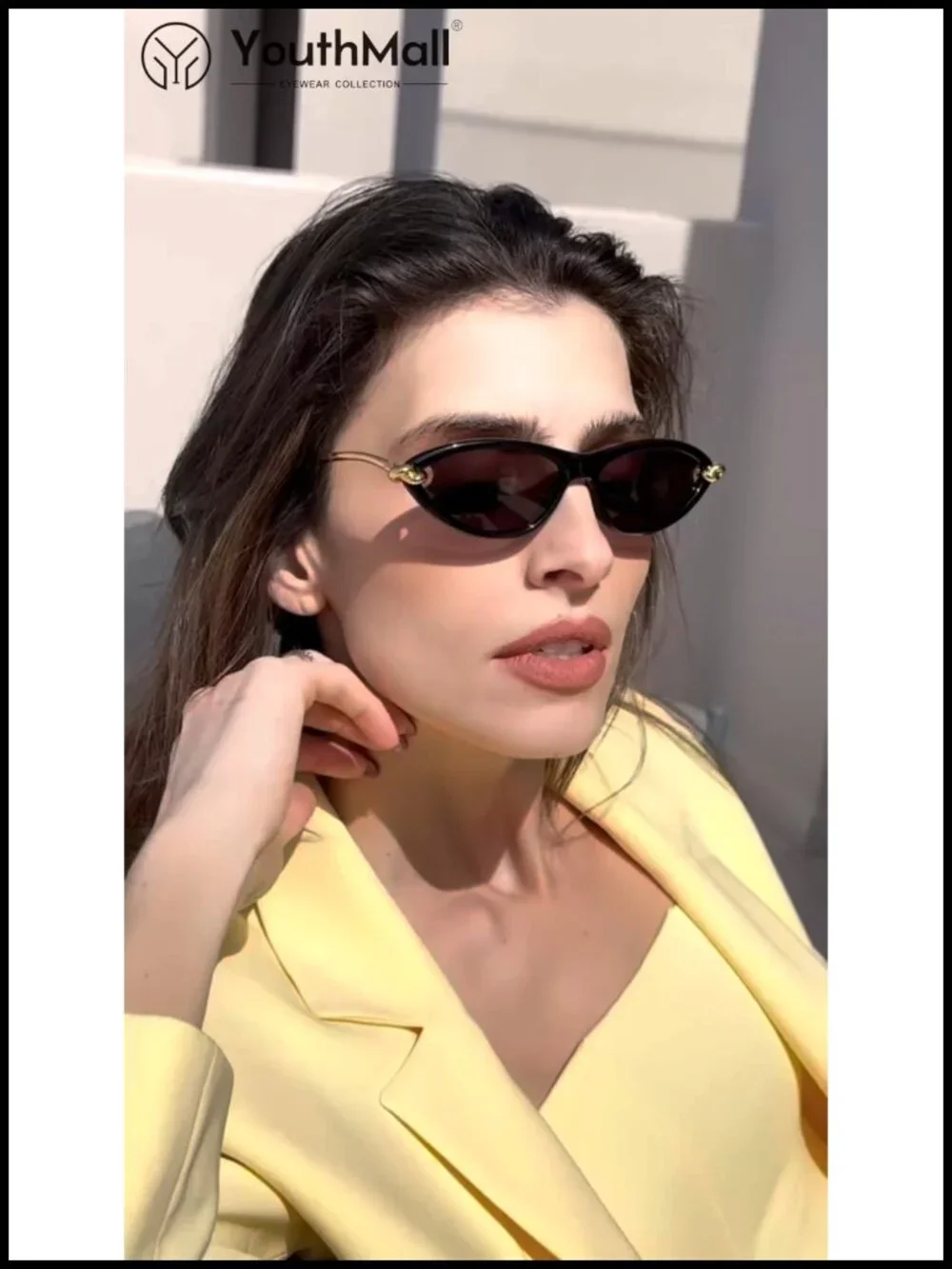 Retro Cat Eye Sunglasses Narrow Oval 70s Vintage Shades with Metal Rope Knot
